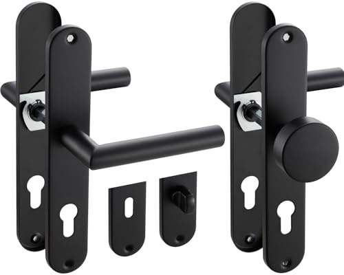 Stahlia Langschild Drückergarnitur Edelstahl gebürstet EMILIA SCHWARZ-MATT | PZ - Profizylinder mit Knauf | Türbeschlag für Innentüren, Eingangstüren für Türstärke 20 – 47 mm | Befestigungsmaterial