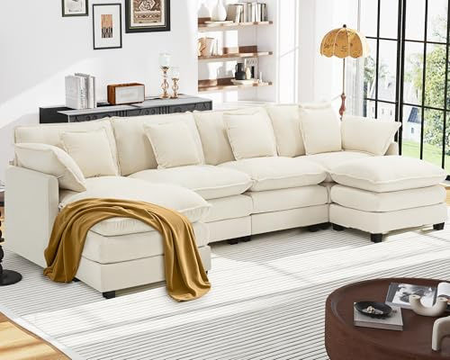 Urhanherry U-Form Cloud Sofa, Modulares Sektionssofa 6-Sitzer mit 2 Ottomanen, Modernes Sofa mit Dekokissen/Armlehnen, Atmungsaktivem Chenille-Stoff, U Sofa Couch für Wohnzimmer, Beige