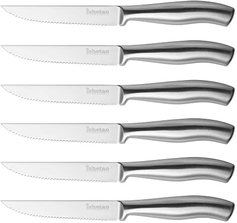 isheTao Steakmesser-Set, 6-teilig, Extra Scharfe Klinge, Wellenschliff, spülmaschinengeeignet, 12 cm, Rostfreier Stahl, Silber