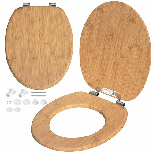 CASARIA® Toilettendeckel mit doppelter Absenkautomatik MDF rostfreie Metall Scharniere WC Sitz 175kg Belastbar Antibakteriell Toilettensitz Bambus
