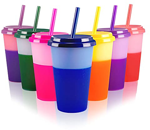 7 Stück Farbwechselbecher Trinkbecher mit Deckel und Strohhalm, 350ml | Magischer Farbeffekt bei Kaltgetränken, Perfekt für Eiskaffee Smoothies Kalte Slush, Partybecher, Plastikbecher,Mehrwegbecher