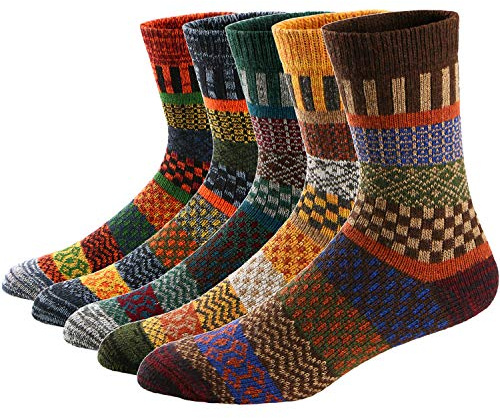 Ueither 5 Paar Unisex Wollsocken – Baumwollsocken – Stricksocken | für Männer & Frauen | Vintage Stil | Warme Crew Socken für Herbst & Winter