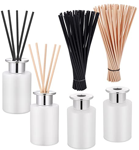 Hejo 4 Stück 100ml Glas Diffusor Flaschen, mit 100 Stück Raumduft Stäbchen | Glasdiffusorflaschen Leer mit Silbernen Kappen, Rattanstäbchen für Raumduft Diffusor, für DIY-Ersatzstäbchen Sets (Weiß)