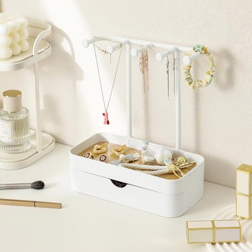 inkihuit Kettenständer Schmuckständer mit Schubladen, Schmuckhalter mit Holz Aufbewahrungsbasis, Kompakt Schmuck Organizers mit 5 Haken, für Ketten & Armbänder,Ringe & Ohrringe, Elegantes Weiß