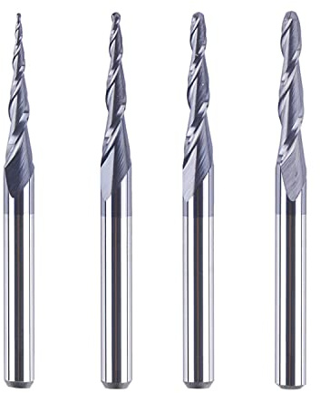 SpeTool 4 Stück 2 Flöten Kugelkopffräser mit Konischer Spitze Fräser CNC Gravierfräser R0,25mm-1,0mm 3,175mm (1/8) Schaft Vollhartmetallfräser für Oberfräse mit TiAlN Beschichtung für 2D 3D Gravur
