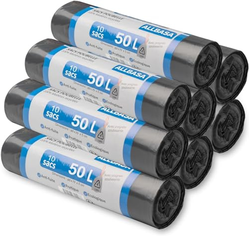 ALLBASA Müllbeutel, sehr robust, Müllbeutel mit Schiebegriffen, recycelte Kunststoffbeutel, maximale Wasserdichtigkeit (50 l (8 Pack))