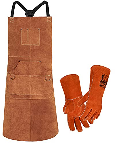 QeeLink Lederschürze - Schweißerschürze Leder mit 6 Werkzeugtaschen | Flammhemmende und Hitzebeständig Arbeitsschürze mit Verstellbar Cross Back Gurte