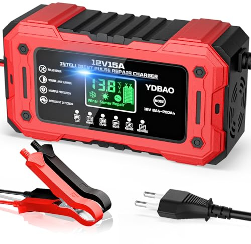 YDBAO Autobatterie Ladegerät 15A 12V Batterieladegerät LCD Display Temperaturkompensation Rekonditionierungsmodus Intelligentes Ladegerät Autobatterie für 12V Blei Säure AGM Gel LiFePO4 Batterien usw