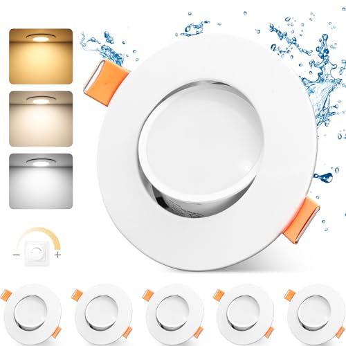 GeyouLux LED Einbaustrahler 230V Dimmbar 68-80mm IP44 Ultra Flach 6er Set | 4.9W LED Spots 3000K/4000K/6000K 45°Schwenkbar Deckenspots für Badezimmer Wohnzimmer Einbauleuchten Küche Spots Deckenleuchte