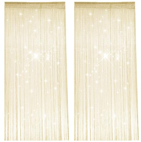 2 Stück Fadengardine, 100 X 200 cm Blinkende Fadenvorhang Balkontür, Beige Gelb Streifenvorhang, Raumteiler, Fadenvorhang Insektenschutz für Hochzeiten, Cafés, Restaurants, Türen und Fenster