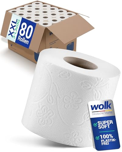 Toilettenpapier 3 lagig 80 Rollen Großpackung XXL Vorratspack – Klopapier aus reinem Zellstoff für die Toilette, Weich & Reißfest, Plastikfrei verpacktes WC Papier