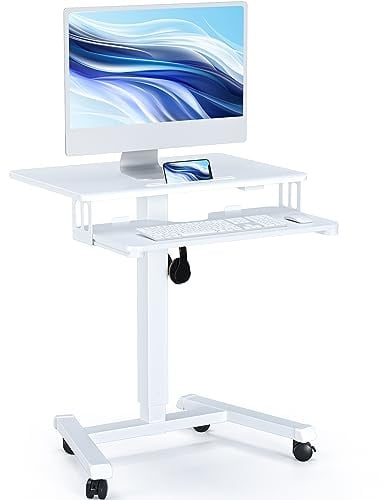 BONTEC Schreibtisch Höhenverstellbar mit Tastaturablage, bis 15 kg, Weiß | Mobiles Podium und Computer-Workstation auf Rollen, als Laptop-Sitz- oder Stehschreibtisch und höhenverstellbarer Stehtisch