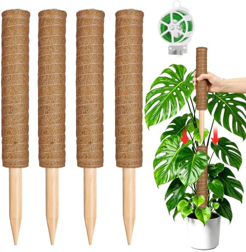 YAUNGEL Pflanzstab, 4 Stück 41CM Pflanzstäbe Kokos Moosstab für Monstera Pflanze Rankhilfen für Kletterpflanzen Natürlicher Pflanzenstütze mit 20M Drehbändern