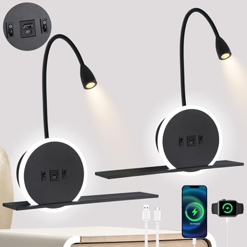 SANSHI Leselampe 2 Stück,Schwenkbar Nachttischlampe mit Schalter,Schwarz | USB + TYPE C Ladeanschluss Wandleuchte,3W 3000K + 9W 6000K Beleuchtung wand Leselicht,Schlafzimmer Hotels Bettlampe