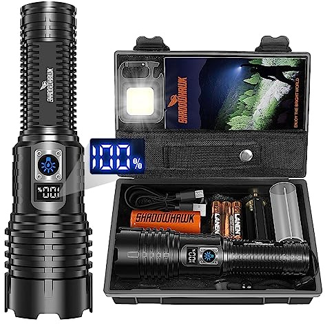 Shadowhawk Taschenlampe LED Aufladbar 500000 LM mit COB Schlüsselanhänger | LCD-Prozentanzeige Taktische Taschenlampen,Bis zu 1000m Reichweite, Wasserdicht Flashlight Torch für Outdoor Notfälle Camping