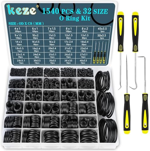 KEZE 32 Größen 1540 Stück Gummi-O-Ringe Sortiment mit Pick- und Hakenset für verschiedene Wasserhähne, Druckreiniger, Kfz-Reparaturen, Luft- oder Gasdichtungen O-Ring Außendurchmesser: 4 mm-50 mm