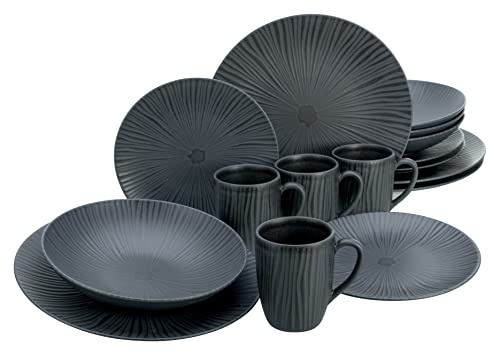 CreaTable, 20537, Serie Vesuvio Black, 16-teiliges Geschirrset, Kombiservice aus Steinzeug, spülmaschinen- und mikrowellengeeignet, Made in Portugal