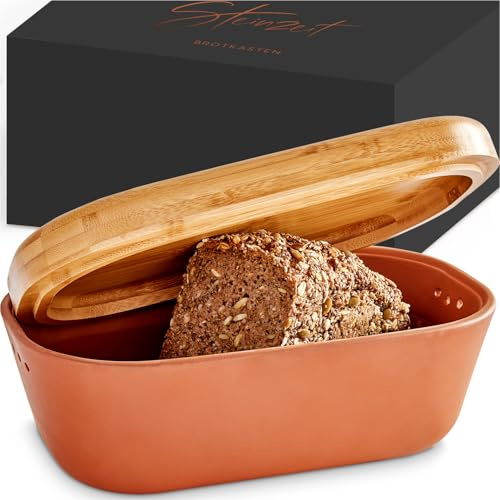 Steinzeit Design Brotkasten - Brotbox aus atmungsaktivem Ton – Brotkasten Keramik mit edlem Bambusdeckel – Brottopf für platzsparendes Aufbewahren