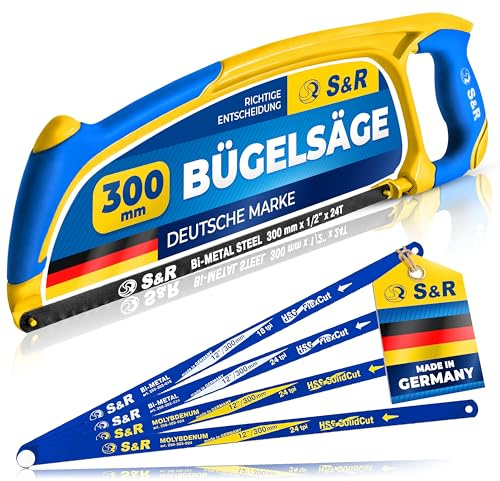 S&R Metallsäge Bügelsäge Set 300mm, 5-TLG mit 4 Hochleistungs-Sägeblättern MADE IN GERMANY, Handsäge Metall Eisensäge, Molybdän Bi-Metall 18/24 TPI