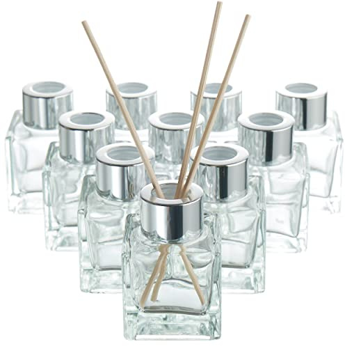 MATANA 10 Elegante Leere Glasdiffusorflaschen mit Kappen & 40 Duftstäbchen - Ätherische Öle, Deko, Raumduft - 50ml Glasdiffusorflaschen, Leer Diffuser Glas mit Duftstäbchen