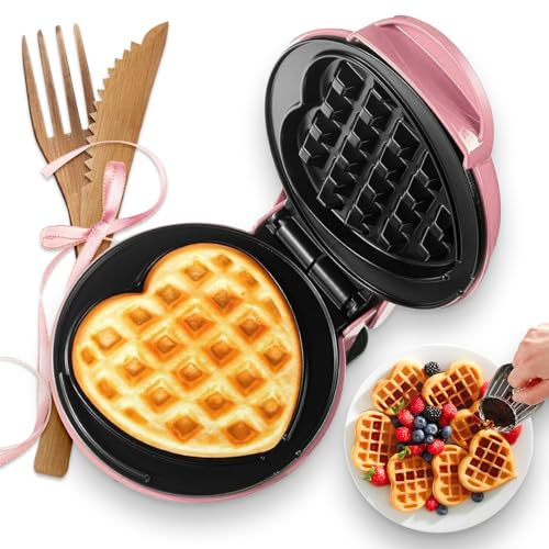 GVAKMM Mini Waffeleisen Herzform, 10 cm Antihaft Waffel Maker, Kleine Waffelmaschine Für Kinder Familie Und Singles, 350W Schnellheizung, Kompakt Und Tragbar(Rosa)