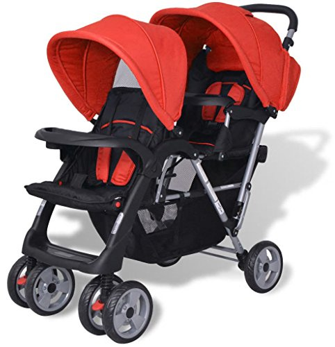 Susany Geschwisterwagen mit 2 klappbare Verdecke Kinderwagen Babywagen Buggy Zwillingswagen Zwillingsbuggy Kleinkinder-Wagen Stahl Rot und Schwarz