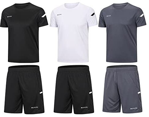 BUYJYA Herren-Trainingskleidung, athletische Shorts und Shirt-Set, 3er-Pack, für Basketball, Fußball, Training, Laufen, Fitnessstudio