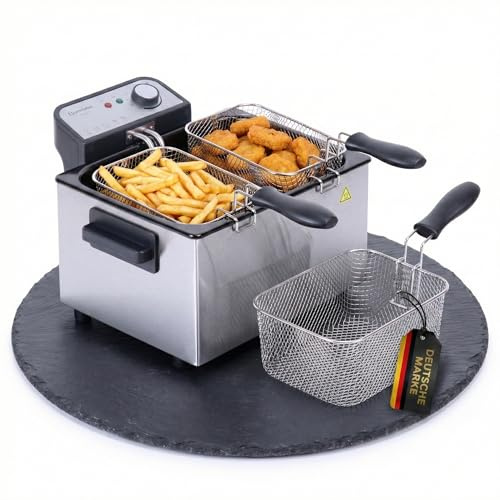 Sommertal XXL Doppel-Fritteuse DF3270, 3000 Watt, Kaltzone, Edelstahl, 5 Liter, 3 Körbe, Silber