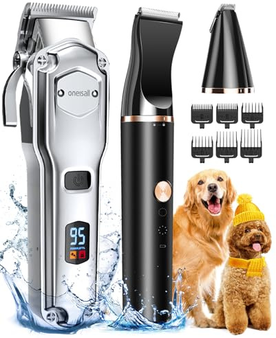 oneisall 3 in 1 Hundeschermaschine dickes/dichtes Fell, Profi Hochleistungs-Hundehaarschneidemaschine Set, Leise Schermaschine für kleine und große Hunde, Katzen und Haustiere (Silber 3in1)