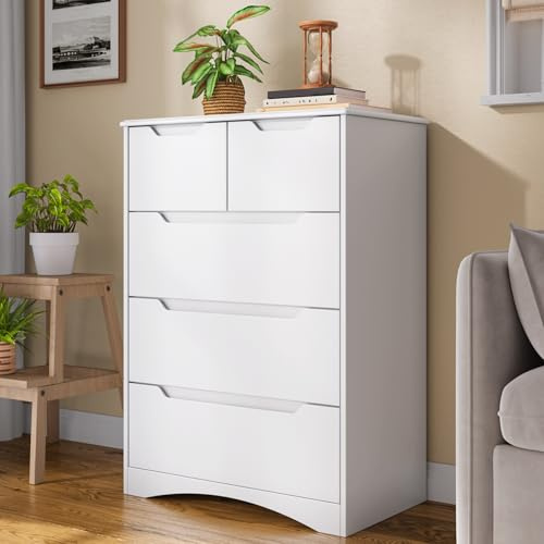 Blishom Kommode mit 5 Schubladen, Kommodenschrank, Schlafzimmerkommode, Moderner Aufbewahrungsschrank für Schlafzimmer, Büro, Wohnzimmer und Flur, 72x41x94 cm, Weiß