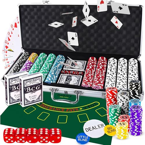 Retoo Pokerkoffer Set mit 500 Chips, Karten, Würfeln, Filzmatte, Koffer | 2 Kartendecks, 5 Würfel, 3 Dealer Buttons, Chips mit Metallkern, 7 Farben, Aluminiumkoffer mit Schloss, 2 Schlüssel, silber