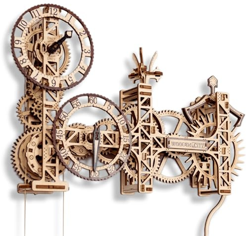 WOODEN.CITY Steampunk-Wanduhr-Bausatz – 3D-Holzpuzzle für Erwachsene | Mechanischer Gewichtsantrieb, 257 Bauteile + 12 Ersatzteile, ohne Klebstoff, 70,8 cm hoch