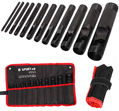 Spurtar 12 Stück Lochstanzer-Set 1/8"-3/4" Stahl Stanzwerkzeug Set zum Rund Lochzange für Leder Filz Weich-Material, Textiel für DIY, Schwarz, mit Aufbewahrungstasche