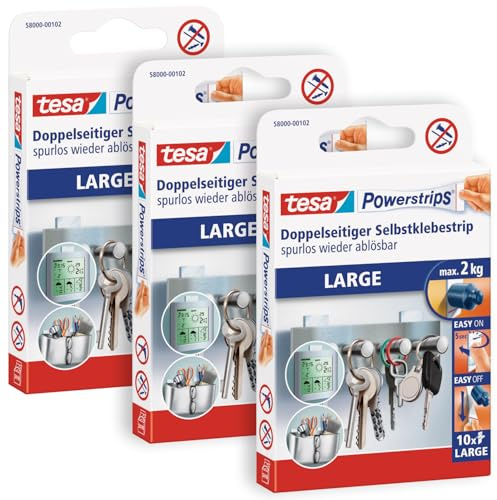 tesa Powerstrips Large im 3er Pack - Doppelseitige Klebestreifen zur Montage von Gegenständen auf glatten Oberflächen - Bis zu 2 kg Halteleistung - insgesamt 30 Power-strips Weiß