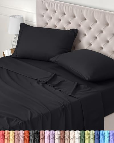 Utopia Bedding 4 Teilige Bettlaken Set 180x200 cm, Schwarz - Polyester Microfaser, Oeko-Tex Zertifiziert, 1 Spannbettlaken 180x200 cm, 1 Bettlaken 270x290 cm und 2 Kissenbezüge 50x75 cm