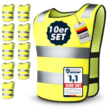 VANEJA 10er Set Kinder Warnweste – Reflektorweste für Jungen & Mädchen 5 –12 Jahre – EN 17353:2020+A1:2021 Zertifiziert – Leuchtend gelb, stark reflektierend, ideal für Schulweg & Freizeit