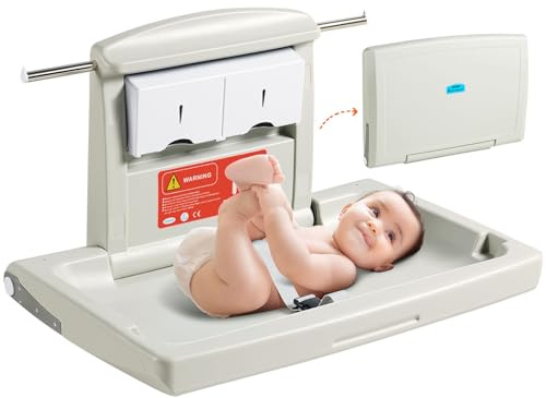 VEVOR Wickelkombi Wandmontierte Wickelkommode, Abnehmbarer Wickeltisch Wickelwagen, Grau Wickeltisch mit Wickelauflage, Sicherheitsgurt, Platzsparend & Stabil, Wickelregal 20 kg Tragfähigkeit Baby