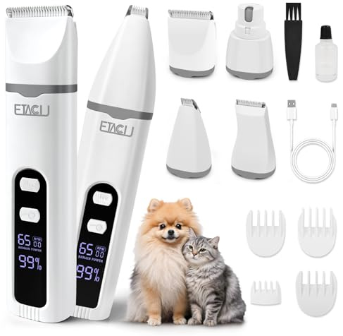 ETACCU Hundeschermaschine Akku, 4 in 1 Leiser Hundetrimmer für Hunde&Katzen | Keramikklinge, LED-Digitalanzeige mit Akkuanzeige, 2 Geschwindigkeiten, USB-C Aufladung, 3 Std. Laufzeit & abnehmbare Klingen