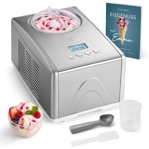 SPRINGLANE Eismaschine Emma 1,5 L mit selbstkühlendem Kompressor 150 W, aus Edelstahl mit entnehmbarem Eisbehälter, inkl. Rezeptheft (Silber, Eismaschine)