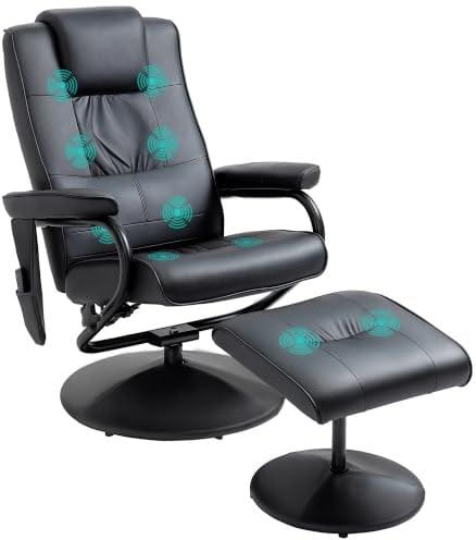 HOMCOM Relaxsessel mit Hocker, 360° Drehbar TV-Sessel mit Massage, Schwarz | Liegefunktion, Massagesessel mit Seitentasche, aus Kunstleder, für Wohnzimmer, Fernsehsessel