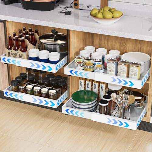 2 Pack erweiterbar ausziehbare schublade küche mit Kleber, ausziehbarer schrank organizer, Stick Slide Out teleskopschublade Cabinet Pull Out für Küche Pantry Organisation Einstellbare Breite 32-53cm