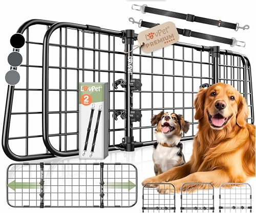 LOVPET® Hundegitter Auto Kofferraum – Universal Trenngitter für Hunde, verstellbar 92–152 cm, ohne Bohren & einfache Montage, Hundeschutzgitter Gepäckgitter Auto inkl. 2 Sicherheitsgurte, Schwarz