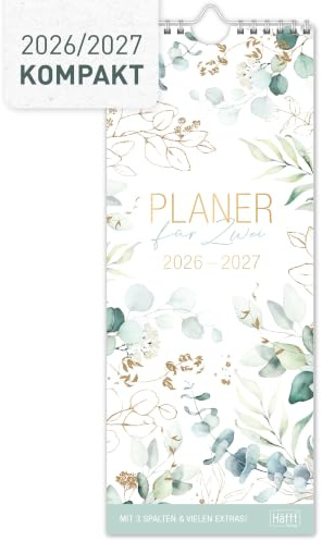 Häfft® Planer für zwei Paarkalender 2026/2027 Blattgold | 17 Monate von Aug. 2026 bis Dez. 2027 kleiner Wandkalender für 2 Personen mit 3 Spalten, schmaler Wandplaner 13x31,9 cm