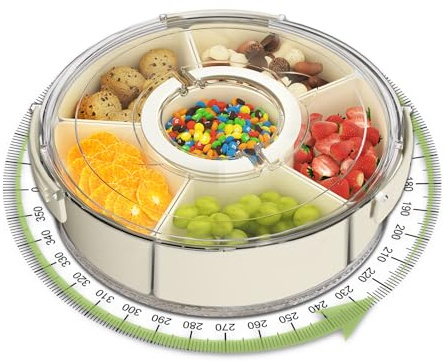 JIEZRIN Transport Servierset mit 6 Schalen, Snackbox mit Fächern Groß, Rund Snackbox Drehbar mit Deckel und Griff, Snackteller Transportbox Aufbewahrungsbox für für Party, Picknick