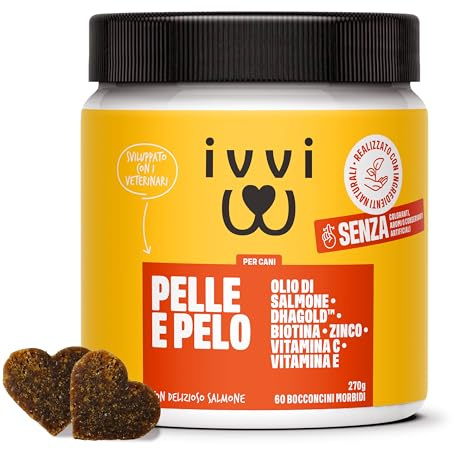 ivvi Skin & Coat Omega 3 für Hunde gegen Juckreiz im Leckerliformat, für gesunde Haut & glänzendes Fell – mit Biotin, DHAgold, Zink, Vitamin C, Lachsöl - 60 leckere Snacks (270g) mit Lachs