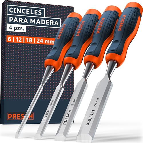 Presch Stechbeitel Set für Holz 4tlg. - Fertig geschliffene Stechmmeisen (6, 12, 18, 24mm) - Profi Stecheisen mit 25° Keilwinkel inkl. robuster Metallschlagkappe