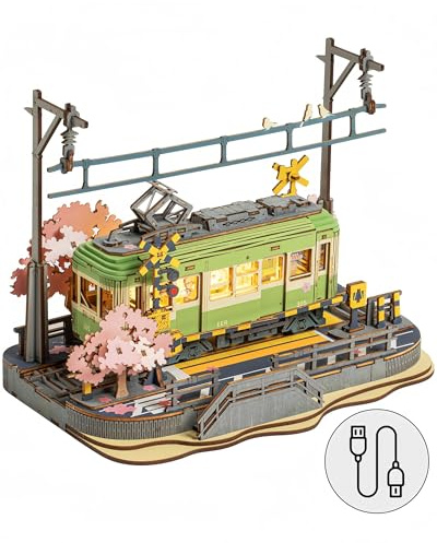 ROWOOD Sakura Journey 3D-Holzpuzzle, Straßenbahn Modellbau Bausatz | Warmes Nachtlicht Sakura-Straßenszene Modellbausatz für Erwachsene Weihnachts- oder Geburtstagsgeschenk