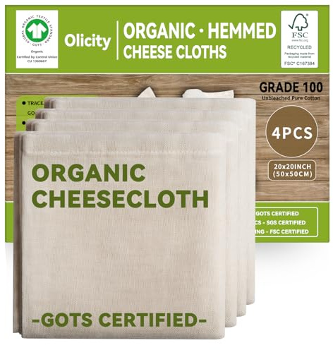 Olicity Bio-Passiertuch (4er-Pack - 50 x 50 cm) – GOTS-zertifiziert, wiederverwendbares Abseihtuch aus Bio-Baumwolle | Für Saft, Butter, Käseherstellung