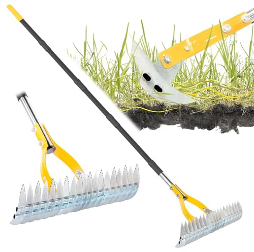 BlumeTrec Gartenrechen Vertikutier-Rechen für den Rasen, 38 cm Verstellbarer Rechenkopf, Dethatcher zum Entfernen von Rasenfilz, Moos & abgestorbenem Gras mit 1,9M Griff, Stahl-Rechen für Hof