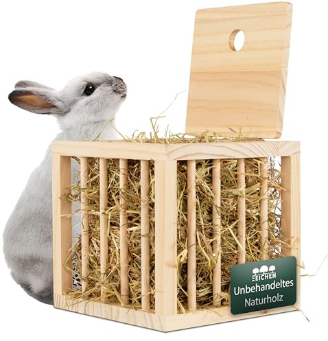 Heuraufe Kaninchen, Hasen, Hamster. Stabiler Stand in Würfelform. Unbehandeltes Naturholz. Perfekt für den Kaninchenstall. Heuraufe Meerschweinchen. Heu. Zubehör. Groß. Stehend | Drei Eichen